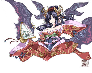 blush breasts clothed clothing ear_piercing eyelashes female furgonomic_piercing furgonomics hair hand_fan horn humanoid_pointy_ears looking_at_viewer not_furry piercing pointy_ears purple_eyes smile solo wing_piercing wings robert_vicson bandai_namco digimon digimon_(species) humanoid lilithmon 2012 aliasing digital_media_(artwork)