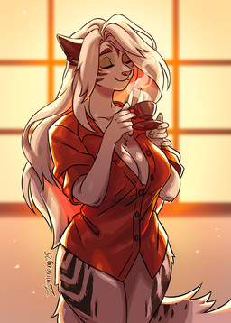 5_fingers anthro beverage breasts clothed clothed_anthro clothed_female clothing coffee coffee_cup container cup eyes_closed female fingers fur hair humanoid_hands pink_nose shirt smile solo topwear white_body white_fur white_hair zummeng estella_(zummeng) domestic_cat felid feline felis mammal hi_res