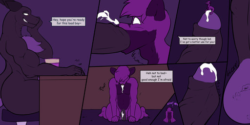 anthro bodily_fluids cock_vore cum cum_in_mouth cum_inside duo genital_fluids genitals humiliation inside_balls male male/male male_pred male_prey micro penile penis sex shrinking size_transformation smile smirk tail text transformation under_table vore funkspunky mythology basti virgil_(funkspunky) canid canine dragon fox mammal mythological_creature mythological_scalie scalie english_text hi_res