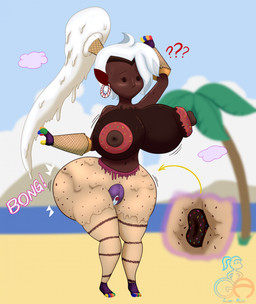5_fingers after_transformation beach blue_sky breast_expansion breasts brown_body brown_eyes brown_skin butt butt_expansion day dessert directional_arrow doughnut ear_piercing ear_ring erect_nipples expansion female fingers food frosting frosting_on_breasts genitals gumdrop_(food) hair humanoid_genitalia humanoid_hands humanoid_vulva looking_down mouthless navel nipples not_furry palm_tree pastry piercing plant ponytail question_mark ring_piercing sky solo surprised tree vulva what what_has_science_done white_clouds white_hair quickswift shantae_(series) wayforward shantae food_creature food_humanoid genie humanoid 2023 digital_drawing_(artwork) digital_media_(artwork) english_description hi_res paint_tool_sai_(artwork) signature story story_at_source story_in_description