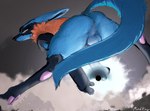 anthro anus backsack balls blue_balls blue_body blue_fur blue_perineum butt charging_up digitigrade fur genitals male pawpads perineum solo mindkog nintendo pokemon generation_4_pokemon lucario pokemon_(species) hi_res