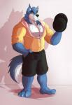 anthro athletic barefoot biceps big_muscles biped black_nose blue_body blue_fur bottomwear chest_tuft claws clothing exercise fangs feet fur holding_object hoodie male muscular muscular_anthro muscular_male orange_eyes pecs shorts solo standing teeth toe_claws topwear tuft vein weightlifting weights white_body white_fur workout dragonslash canid canine canis mammal wolf hi_res