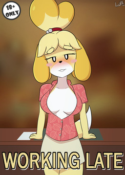 aloha_shirt anthro bedroom_eyes blush bottomwear breasts cleavage clothed clothing collared_shirt desk dress_shirt exposed_cleavage female fur furniture half-closed_eyes looking_at_viewer narrowed_eyes pattern_clothing pattern_shirt pattern_topwear seductive shirt solo table topwear yellow_body yellow_fur luckster1234 animal_crossing nintendo isabelle_(animal_crossing) canid canine canis domestic_dog mammal shih_tzu toy_dog cover cover_art cover_page digital_media_(artwork) hi_res