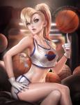 alternate_species ball ball_on_finger basketball basketball_(ball) blonde_hair blue_eyes bottomwear clothing ear_piercing female gloves green_eyes gym hair handwear highlights_(coloring) human_focus humanized looking_at_viewer navel not_furry_focus piercing pink_highlights ponytail scrunchie shirt shorts solo text text_on_clothing text_on_shirt text_on_topwear topwear tune_squad_outfit tune_squad_outfit_(1996) uniform sakimichan looney_tunes space_jam warner_brothers lola_bunny human lagomorph leporid mammal rabbit