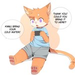 3_toes 4_fingers anthro biped black_nose bottomwear cellphone cheek_tuft clothing dialogue electronics facial_tuft fangs feet fingers fur hair holding_cellphone holding_object holding_phone holding_smartphone inner_ear_fluff male offscreen_character open_mouth orange_body orange_fur orange_hair pawpads phone pink_pawpads purple_eyes shirt shorts sitting smartphone solo speech_bubble t-shirt tan_body tan_fur tan_inner_ear tan_inner_ear_fluff teeth text toes tongue topwear tuft young young_anthro kimacats kima_(kimacats) domestic_cat felid feline felis mammal english_text hi_res