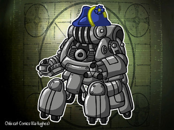 ambiguous_gender bicorne chibi clothing gatling_gun gun gun_arm hat headgear headwear machine machine_gun metallic_body not_furry ranged_weapon silver_body solo text tv_test_pattern weapon weapon_arm wearing_hat chibi_cat_comics fallout microsoft captian_ironsides robot sentry_bot_(fallout) 4:3 artist_name english_description