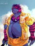2023 2024 abs aloha_shirt anthro arm_tuft athletic athletic_anthro athletic_male barazoku beard belly big_butt big_muscles biped black_eyes blue_body blue_fur blue_hair body_hair bottomwear bulge butt casual_clothing chair chest_fur chest_hair chest_tuft claws clothed clothing digital_media_(artwork) eyebrows facial_hair fangs felid final_fantasy final_fantasy_xiv finger_claws fingers fur fur_markings furniture hair hairy happy_trail hi_res hrothgar huge_muscles indigo_fur jewelry koko2unite loincloth looking_at_viewer male mammal mane markings mature_male multicolored_body multicolored_fur musclegut muscular muscular_anthro muscular_arms muscular_male navel necklace pattern_clothing pattern_shirt pattern_topwear pecs pink_body pink_fur pubes red_eyes shirt sky solo square_enix standing striped_body striped_fur stripes teeth topwear tuft whiskers white_hair