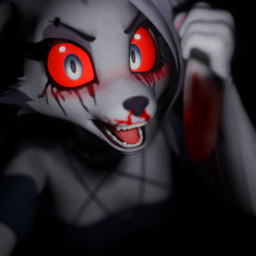 anthro blood blood_on_face blood_on_knife blush bodily_fluids breasts clothed clothing eyebrow_piercing facial_piercing fangs female glowing glowing_eyes harness holding_knife holding_object insane knife looking_at_viewer makeup mascara medium_breasts nosebleed occult_symbol off_shoulder open_mouth pentagram pentagram_harness piercing red_sclera running_makeup running_mascara shirt solo symbol teeth topwear white_eyes nocturnalfuzz kaylafox_(modeler) hellaverse helluva_boss mythology loona_(helluva_boss) canid canid_demon canine demon hellhound mammal mythological_canine mythological_creature 1:1 3d_(artwork) blender_(artwork) digital_media_(artwork)