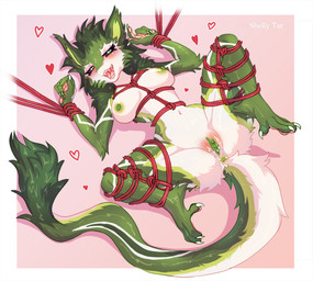 anthro anus areola bdsm bent_legs blush bodily_fluids body_blush bondage bound female frogtied fur genitals green_anus green_areola green_body green_eyes green_fur green_nipples green_vulva heart_symbol legs_tied looking_pleasured lube nipples nude nude_anthro nude_female open_mouth pupils red_sclera restraints rope rope_bondage saliva saliva_string slit_pupils solo spread_legs spreading tail vulva vulva_blush white_body white_fur shelly_tar kinktober kinktober_2025 sergal 2025 digital_drawing_(artwork) digital_media_(artwork) english_description
