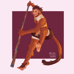 anthro asian_clothing barefoot bottomwear brown_body brown_eyes brown_fur clothed clothing facial_markings feet fur head_markings holding_object holding_weapon jumping loincloth male markings open_mouth prehensile_tail raised_leg scarf shorts smile solo tail teeth_showing weapon wooden_staff miori_orimi kito_(kitodiet) haplorhine mammal monkey primate 1:1 absurd_res hi_res