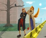 anthro duo fur hair male male/male orange_body orange_fur plant ponytail raised_tail red_hair sun tail tree yellow_eyes sosalkis avian bird corvid corvus_(genus) crow domestic_cat felid feline felis lion mammal oscine pantherine passerine somali_cat absurd_res hi_res