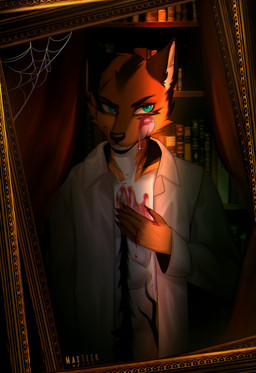 5_fingers anthro blood bodily_fluids book clothed clothing detailed_background fingers fur green_eyes holidays inside library licking licking_lips licking_own_lips male open_clothing open_shirt open_topwear orange_body orange_fur self_lick shirt smile smirk solo standing tongue tongue_out topwear white_body white_fur conditional_dnp maiteik halloween canid canine fox mammal vampire 2022 absurd_res digital_media_(artwork) hi_res