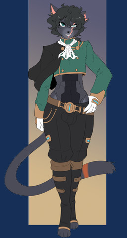 anthro balls_outline biped black_hair bulge clothed clothing detailed_bulge facial_scar femboy genital_outline hair male male_anthro notched_ear scar solo tail munkeesgomu domestic_cat felid feline felis mammal alpha_channel hi_res