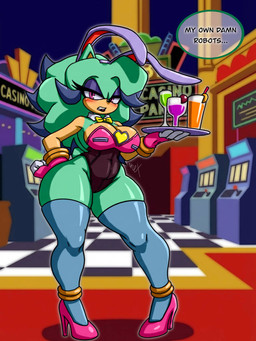 anthro blush breasts bunny_costume casino cleavage clothed clothing costume dialogue female footwear green_body high_heels leggings legwear playboy_bunny shoes solo speech_bubble unrealexpectation sega sonic_the_hedgehog_(series) breezie_the_hedgehog eulipotyphlan hedgehog mammal 3:4