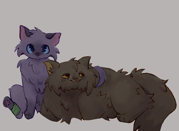 ambiguous_gender blue_eyes cheek_tuft dipstick_ears duo ear_markings eye_bags facial_tuft feral fluffy fur gloves_(marking) grey_body grey_fur head_tuft leg_markings legband loaf markings multicolored_ears sitting socks_(marking) tail tail_coil tuft yellow_eyes conditional_dnp waterthissport warriors_(book_series) cinderpelt_(warriors) yellowfang_(warriors) hi_res shaded