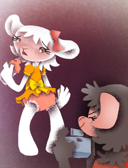anthro bottle bottomwear camera clothed clothing container diaper dress duo female frilly frilly_clothing frilly_panties frilly_underwear hooves loli panties pink_clothing pink_panties pink_underwear thin_diaper underwear upskirt young young_anthro young_female sandypants sandypants_(character) bovid caprine domestic_sheep haplorhine mammal monkey primate sheep