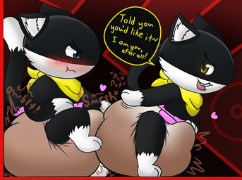 anthro big_diaper black_body black_fur blue_eyes blush bodily_noises chibi clothed clothing compression_sound_effect contact_onomatopoeia derived_sound_effect dialogue diaper diaper_fetish different_sound_effects duo erection erection_in_diaper feces full_diaper fur heart_symbol huge_diaper kerchief male male/male markings mask messy onomatopoeia open_mouth patting patting_diaper pooping pooping_together scatplay selfcest shortened_sound_effect simple_background smoosh_(sound_effect) soiled soiled_diaper soiling soiling_diaper sound_effect_variant sound_effects speech_bubble square_crossover tail tail_markings talking_to_another teasing tenting text unclean_diaper used_diaper using_diaper vowelless vowelless_sound_effect wearing_diaper white_body white_fur yellow_eyes lyesander atlus megami_tensei persona_(series) persona_5 sega morgana_(persona) shadow_morgana domestic_cat felid feline felis mammal tuxedo_cat digital_media_(artwork) english_text