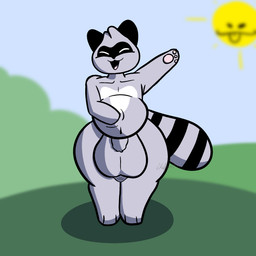 anthro balls belly big_balls big_belly eyes_closed fur genitals grey_body grey_fur happy huge_balls huge_belly male nude penis small_penis solo sun chefrens mammal procyonid raccoon 1:1 hi_res