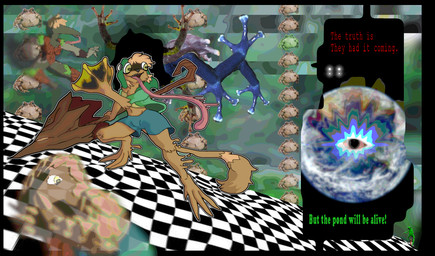 abstract_background action_pose anthro blue_bottomwear blue_clothing blue_shorts bottomwear brown_body brown_fur checkered checkered_floor clothed clothing frog_hood fur green_clothing green_hoodie green_topwear hoodie long_toes long_tongue male pose sharp_teeth shirt shorts solo_focus tail teeth text tongue topwear weapon yellow_clothing yellow_eyes yellow_shirt yellow_topwear vapor_towers dat_boi jules_hopper_(vapor_towers) amphibian animate_inanimate anteater canid canine frog living_weapon mammal pangolin pilosan xenarthran 3d_(artwork) absurd_res digital_media_(artwork) hi_res meme mixed_media