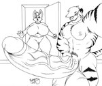 anthro balls big_balls big_breasts big_muscles big_penis breasts clothed clothing duo erection female genitals hair huge_balls huge_muscles huge_penis hyper hyper_balls hyper_genitalia hyper_muscles hyper_penis male muscular muscular_anthro nude penis pussy selfie smile stripes surprise surprised_expression topwear ratchetsly alex_(furryartcollector) jack_(psychoticwalrus) canid canine canis felid mammal pantherine tiger wolf hi_res monochrome