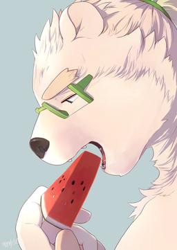 anthro eating eyebrows eyewear food fruit fur glasses male melon plant side_view solo thick_eyebrows watermelon white_body white_fur hijirinoyuta lifewonders tokyo_afterschool_summoners leib_(tas) bear mammal polar_bear ursine hi_res