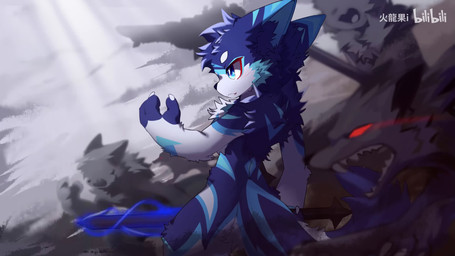4_fingers action_pose anthro biped black_nose blue_body blue_eyes blue_fur blush blush_lines chest_tuft claws fangs fingers fluffy fluffy_tail fur holding_melee_weapon holding_object holding_sword holding_weapon inner_ear_fluff kemono light light_beam looking_at_viewer male melee_weapon multicolored_body multicolored_fur neck_tuft on_one_leg open_mouth pawpads paws pose side_view silhouetted_body smile solo standing sunbeam sunlight sword tail teeth tuft weapon white_body white_fur hlg7777 sound_warning bilibili league_of_legends riot_games tencent lupical canid canine canis mammal wolf 16:9 2025 2d_animation animated better_version_at_source digital_drawing_(artwork) digital_media_(artwork) hi_res redraw shaded short_playtime sound video wallpaper widescreen
