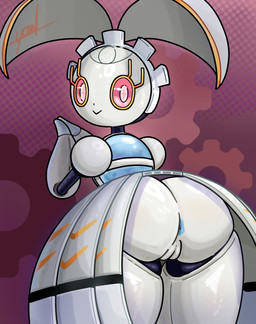 anthro anus big_butt blue_anus butt eyelashes female genitals grey_body looking_at_viewer looking_back looking_back_at_viewer machine metallic_body pattern_background pink_eyes pink_sclera pokemorph rear_view simple_background smile solo thick_thighs vulva wide_hips yawlyawl090 nintendo pokemon generation_7_pokemon humanoid legendary_pokemon magearna pokemon_(species) robot robot_anthro robot_humanoid absurd_res hi_res
