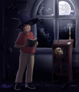 atmospheric biped black_hair bone book bookshelf brown_eyes cabinet candle candlelight candlestick clothed clothing cloud collared_shirt footwear full_moon furniture hair hat headgear headwear holding_book holding_object holidays human_only imminent_transformation khaki_pants light looking_down male moon night not_furry polo_shirt reading scruffy_hair shirt shoes skull sky skyscape smile sneakers solo spellbook spider_web topwear transformation transformation_sequence window witch_hat tf-sential halloween human mammal 2025 colored full-length_portrait hi_res portrait sequence shaded tagme