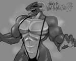 angry anthro big_pecs bikini bodily_fluids clothing confusion g-string horn male mankini muscular muscular_anthro muscular_male musk musk_clouds one-piece_swimsuit pecs sling_bikini solo sweat swimwear two-piece_swimsuit underwear rutchisegg dungeons_and_dragons hasbro wizards_of_the_coast arjeak_satujin dragonborn_(dnd) scalie 5:4 hi_res monochrome