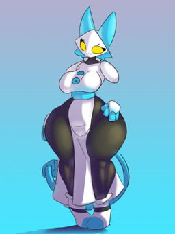 anthro big_breasts blue_background blue_body blue_clothing breasts camel_toe clothed clothing curled_tail ears_up female fingers footwear gradient_background light light_clothing looking_away shoes simple_background slightly_chubby slightly_chubby_female smile solo tail thick_thighs wide_hips halco_(artist) deltarune undertale_(series) tasque_manager darkner felid feline hybrid mammal 2023 3:4 absurd_res colored digital_drawing_(artwork) digital_media_(artwork) full-length_portrait hi_res lighting portrait shaded