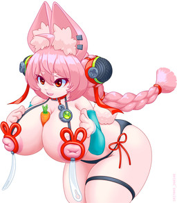 anthro between_breasts big_breasts black_clothing black_underwear braided_hair breasts buckteeth carrot clothing collar female food hair hand_on_breast inner_ear_fluff long_hair nipples open_mouth pink_body pink_hair plant red_eyes simple_background smile solo tail teeth tuft underwear vegetable white_background kasetsu_hanga mihoyo zenless_zone_zero zhao_(zenless_zone_zero) lagomorph leporid mammal rabbit 2026 digital_media_(artwork) hi_res