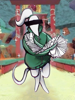 accessory anthro bottomless clothed clothing crossed_arms digitigrade featureless_feet featureless_hands feet front_view fur green_clothing green_jacket green_topwear hair hair_accessory hairband holding_object jacket male origami papercraft ponytail pose screencap screencap_background solo sparkles standing topwear white_body white_fur white_hair zveen_(artist) ena:_dream_bbq ena_(series) hoarder_alex_(ena) unknown_species