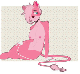 anthro areola blue_eyes blush breasts female hair navel nipples nude pattern_background pink_hair pose simple_background sitting solo midnightgospel bubblegum_(takochan) felid lion mammal pantherine 2015 digital_media_(artwork) hi_res