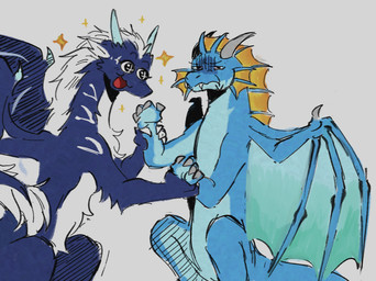 duo feral frill_(anatomy) fur grumpy horn humor membrane_(anatomy) membranous_wings open_mouth open_smile sitting smile snaggle_tooth star tail wings lesserl mythology dragon furred_dragon furred_scalie mythological_creature mythological_scalie scalie
