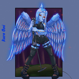 anthro bioluminescence boots bottomwear breasts claws clothing crop_top curtains elbow_feathers electronics eyelashes feathered_wings feathers female fingers footwear glowing glowing_markings grey_background hair halter_top legwear long_hair markings microphone microphone_stand midriff shirt shoes shorts simple_background smile snout solo stage text thigh_highs topwear wings kuroonivt cavemanon_studios goodbye_volcano_high ko_op_(game_developer) snoot_game fang_(gvh) prehistoric_species pterosaur reptile scalie 1:1 2023 absurd_res artist_name digital_drawing_(artwork) digital_media_(artwork) hi_res signature watermark