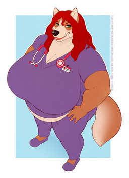 anthro belly belly_overhang big_belly big_breasts black_nose blue_background border bottomwear breasts brown_body brown_fur clothed clothed_anthro clothed_female clothing colored_nails eyebrows female footwear fully_clothed fully_clothed_anthro fully_clothed_female fur green_eyes hair high-angle_view huge_breasts inner_ear_fluff light lips medical_instrument multicolored_body multicolored_fur nails overweight overweight_anthro overweight_female pants red_eyebrows red_hair red_lips red_nails scientific_instrument scrubs shirt shoes simple_background solo stethoscope tail tan_inner_ear_fluff text thick_thighs topwear tuft white_border stereoplair reena_(super_sane) canid canine mammal 2015 colored digital_drawing_(artwork) digital_media_(artwork) english_description lighting url