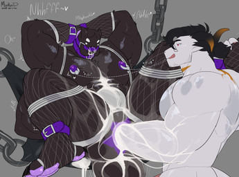 anthro anthro_on_anthro ball_gag bdsm big_muscles bondage bondage_gear bound collar cuff_(restraint) duo fisting gag gagged horn male male/male muscular muscular_male nipples pecs penetration restraints submissive submissive_male markusd mythology anthony_drescar_(markusd) liliac_weaver_(entitropy) arachnid arthropod dragon mythological_creature mythological_scalie scalie spider absurd_res hi_res