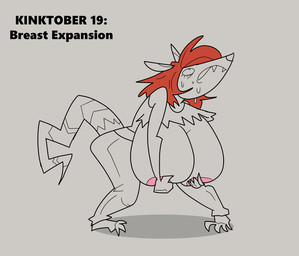 anthro big_breasts bodily_fluids bottomwear breast_expansion breasts clothing crossgender expansion female gynomorph hair huge_breasts hyper hyper_breasts intersex mtg_crossgender mti_crossgender pants red_hair solo sweat tail torn_clothing rusheloc kinktober kinktober_2025 robin_(rusheloc) american_opossum mammal marsupial virginia_opossum 2025 busty_boy_(lore)