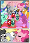absurd_res amber_eyes berry_punch_(mlp) birthday blonde_hair blush bonbon_(mlp) border cake carrot_top_(mlp) clothing comic derpy_hooves_(mlp) dessert dialogue digital_media_(artwork) doctor_whooves_(mlp) earth_pony end_page english_text equid equine eyes_closed feathered_wings feathers female female/female feral food french_kissing friendship_is_magic fur grey_body grey_feathers grey_fur group hair hasbro hat headgear headwear hi_res horn horse kissing licking lyra_heartstrings_(mlp) male mammal my_little_pony mythological_creature mythological_equine mythology octavia_(mlp) open_mouth party party_hat pegasus pink_body pink_fur pink_hair pinkie_pie_(mlp) pony purple_eyes pyruvate text the_end tongue tongue_out unicorn white_border wing_boner wings