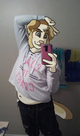anthro blep blue_eyes brown_body brown_fur cellphone electronics eyebrows floppy_ears folded_ears fur gesture grey_sclera hand_gesture head_tuft holding_cellphone holding_object holding_phone holding_smartphone male mirror_selfie navel phone pink_nose pink_tongue selfie smartphone solo tail tongue tongue_out tuft v_sign white_body white_fur yellow_body yellow_fur sebdoggo blue_(sebdoggo) bird_dog canid canine canis chow_chow domestic_dog golden_retriever hunting_dog mammal mixed_breed retriever spitz 2018 adobe_photoshop_(artwork) digital_drawing_(artwork) digital_media_(artwork) draw_over shaded trans_(lore) trans_man_(lore)