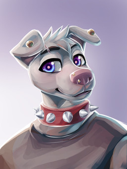 ambiguous_gender anthro clothing collar ear_piercing facial_piercing front_view fur gradient_background grey_clothing grey_shirt grey_topwear hair male nose_piercing piercing pink_nose purple_background purple_eyes red_collar shirt simple_background smile snout solo studded_collar studs text topwear white_body white_fur white_hair wishbone_mouth raineshadowpaw canid canine canis domestic_dog hybrid mammal wolf wolfdog 3:4 absurd_res bust_portrait hi_res portrait translation_check translation_request