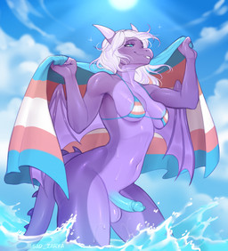anthro areola balls bikini bikini_top biped blue_areola blue_eyes blue_glans blue_penis bottomless bottomless_gynomorph bottomless_intersex breasts clothed clothing erection eyelashes genitals glans glistening glistening_body glistening_breasts glistening_genitalia glistening_penis glistening_scales glistening_skin glistening_thighs gynomorph intersex lgbt_pride membrane_(anatomy) membranous_wings penis pride_colors pupils purple_balls purple_body purple_breasts scales smile solo swimwear towel transgender_pride_colors two-piece_swimsuit water wings sad_zarya mythology rythmyr dragon mythological_creature mythological_scalie scalie hi_res