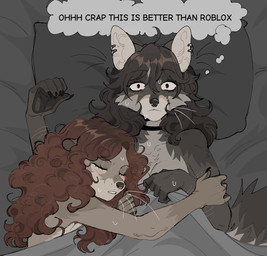 after_sex anthro bed bedding blanket blush blush_lines bodily_fluids breasts brown_body brown_hair choker claws curly_hair duo ear_piercing eyebrow_through_hair eyebrows eyelashes eyes_closed female female/female fur furniture grey_body grey_fur grey_hair hair hug jewelry lying necklace on_back on_bed on_side piercing sweat tail text thought_bubble translucent translucent_hair whiskers raccoattack angel_(raccoattack) racc_(raccoattack) mammal mustelid otter procyonid raccoon 2025 detailed digital_drawing_(artwork) digital_media_(artwork) english_text hi_res