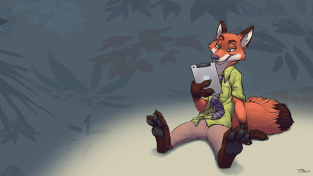 accessory anthro barefoot biped bottomwear brown_body brown_fur claws clothed clothed_anthro clothed_male clothing countershading electronics feet fully_clothed fully_clothed_anthro fully_clothed_male fur green_eyes male male_anthro necktie pants pawpads paws red_body red_fur shirt sitting smile solo tablet tablet_computer toe_claws topwear white_body white_fur teaselbone disney zootopia nick_wilde canid canine fox mammal red_fox true_fox 16:9 2015 digital_media_(artwork) hi_res signature wallpaper widescreen