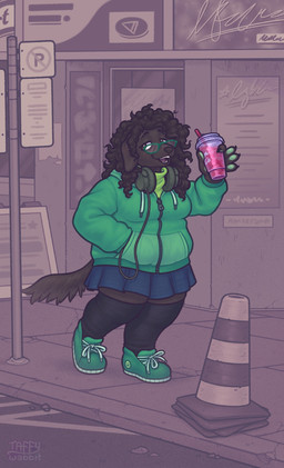 anthro beverage black_body black_fur black_hair bottomwear breasts clothing electronics eyewear female footwear fur glasses green_clothing green_footwear green_hoodie green_pawpads green_shoes green_topwear hair hand_in_pocket headphones headphones_around_neck holding_beverage holding_object hoodie legwear no_parking_sign open_mouth outside pawpads pockets shoes skirt smile solo stockings tail topwear traffic_cone walking zipper taffywabbit canid canine canis domestic_dog mammal 2026 digital_media_(artwork) hi_res