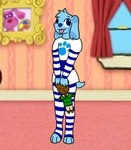 anthro anthrofied blue's_clues blue_(blue's_clues) buttercollie canid canine canis clothing domestic_dog female leg_warmers legwear long_sleeves mammal nickelodeon plushie solo steve_(blue's_clues) teddy_bear tongue tongue_out