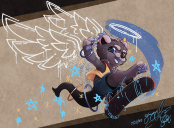 anthro bottomwear clothing graffiti halo shirt shorts skateboard solo topwear vehicle wings gingy_k_fox binturong mammal viverrid