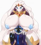 anthro areola big_breasts blue_areola blue_eyes blue_nipples blush breasts circlet clothed clothing duo female green_eyes hair huge_breasts huge_thighs larger_female male nipples shirt size_difference smaller_male thick_thighs topless topwear white_body white_hair b_inteligence nintendo pokemon chico030 verity_(e1lumi) generation_5_pokemon generation_6_pokemon greninja legendary_pokemon pokemon_(species) reshiram hi_res