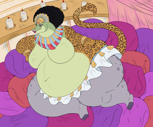 anthro bottomwear clothing collar female headdress leopard_spots lying obese overweight overweight_female skirt smile solo spots robthehoopedchipmunk egyptian_mythology middle_eastern_mythology mythology ammit common_hippopotamus crocodile crocodilian felid hippopotamid hybrid leopard mammal pantherine reptile scalie hi_res