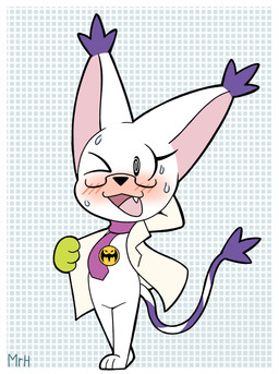 accessory anthro aroused aroused_smile blush bodily_fluids claws clothed clothing coat eyelashes eyewear female fur glasses gloves handwear lab_coat looking_at_viewer necktie open_mouth pin_accessory pin_button smile solo sweat tail teeth topwear white_body white_fur mr_harinezumi bandai_namco digimon bianc_(el_senor_erizo) digimon_(species) felid gatomon mammal absurd_res hi_res